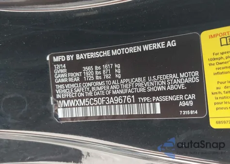 2015 Mini Hardtop Cooper from USA, damaged, VIN WMWXM5C50F3A96761